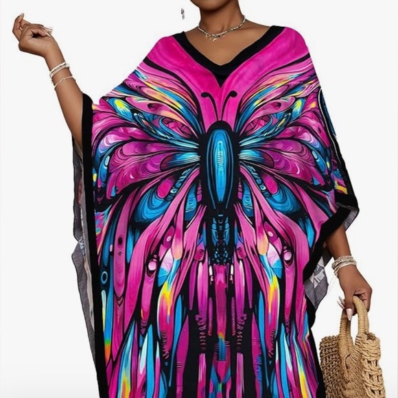 Hawaiian Butterfly Black, Pink, Blue Caftan & Maxi Dress | OS | NWT - Picture 4 of 9